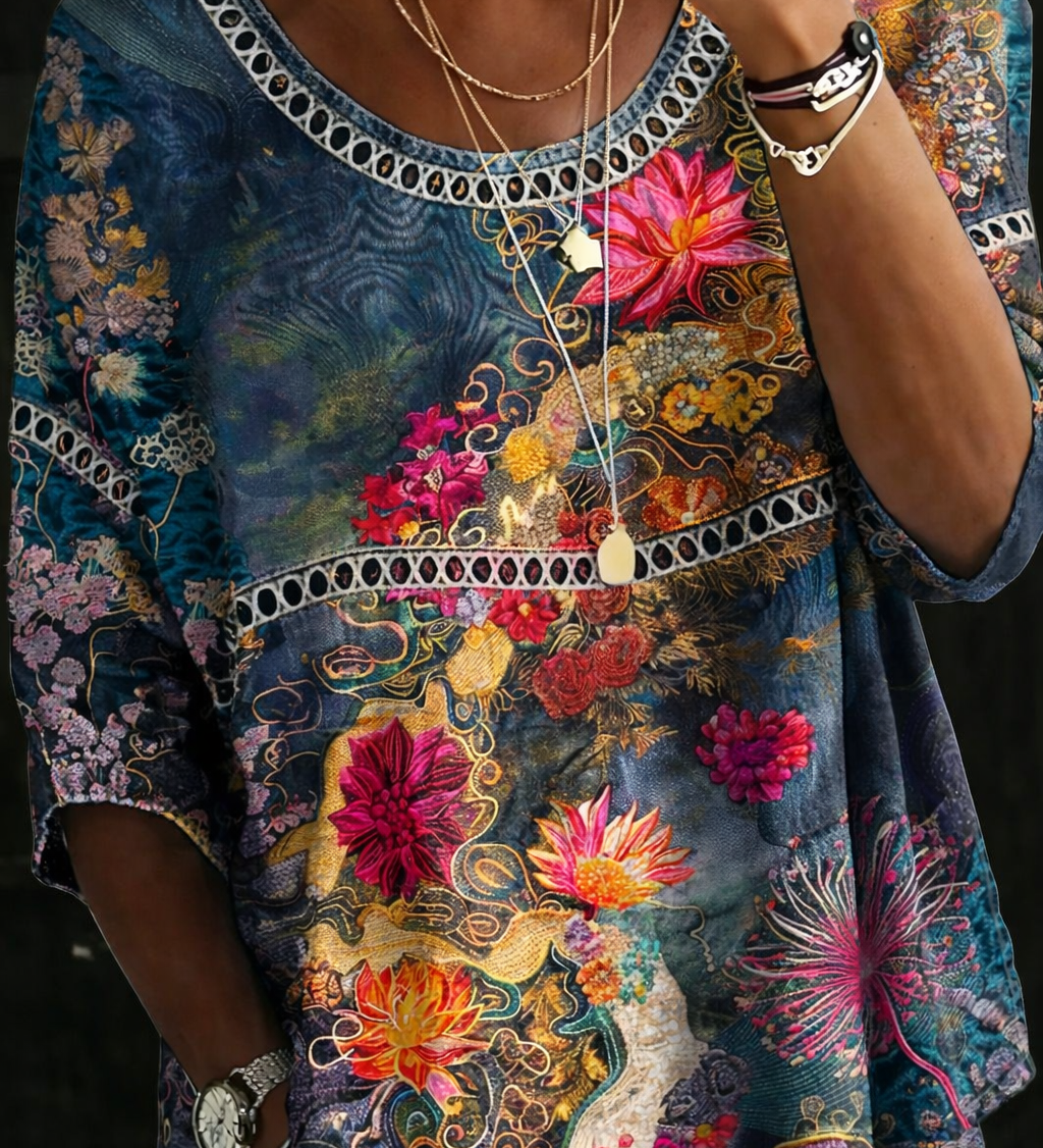 Adèle | Blouse en denim à fleurs vintage